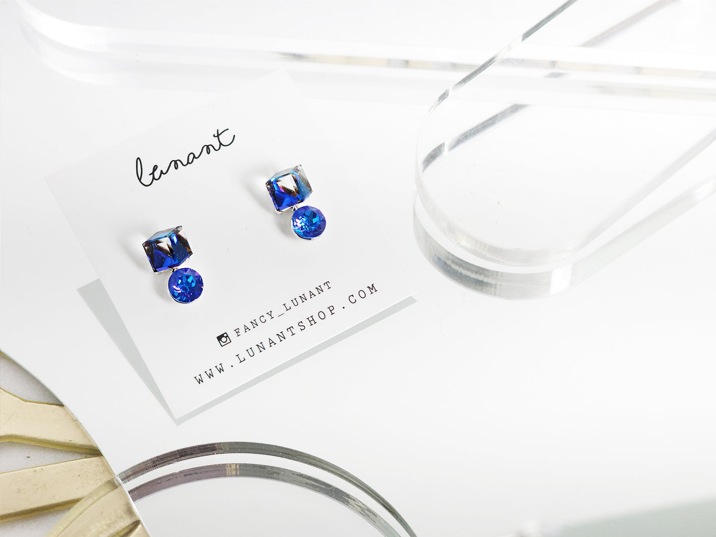 Cube Austrian Crystal back Drop Earrings-Blue