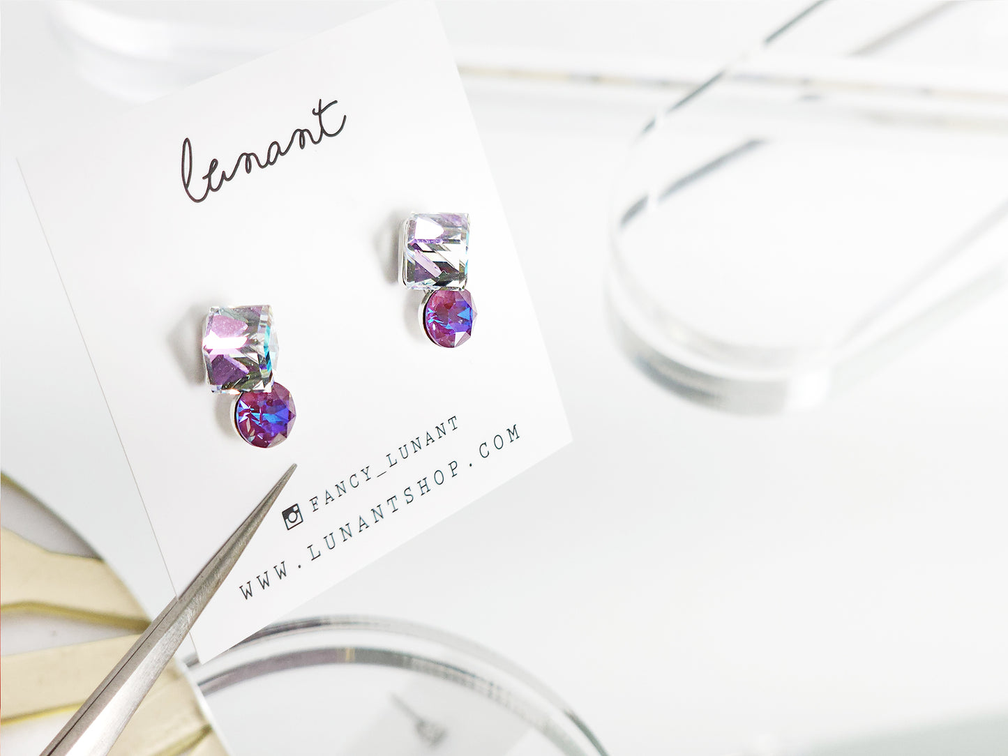 Cube Austrian Crystal back Drop Earrings-purple