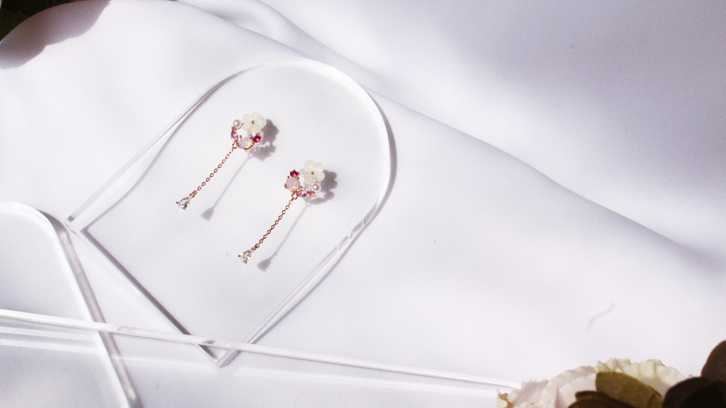 White blossom pink stone drop earrings