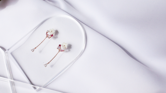 White blossom pink stone drop earrings